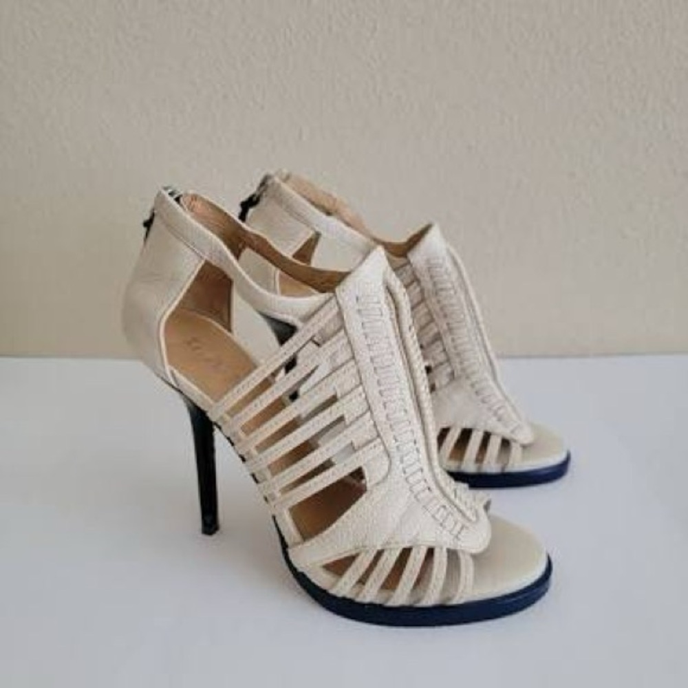 LAMB by Gwen Stefani Cream Leather Caged KAMY Peep Toe Platform Stiletto Heels